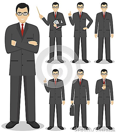 Business concept. Detailed illustration of american european businessman standing in different positions in flat style Vector Illustration