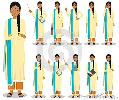 Business concept. Detailed illustration of indian businesswoman standing in different positions in flat style isolated Vector Illustration