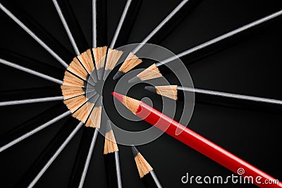 Business concept of disruption, leadership or think different; red pencil breaking apart circle of black pencils Stock Photo