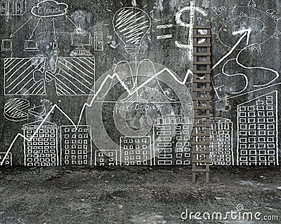 Business concept doodles hand drawn with wooden stepladder Stock Photo