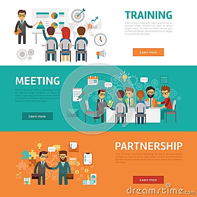 Business concept flat banners, icons set of office meeting, training, agreement, partnership, workplace and project Vector Illustration