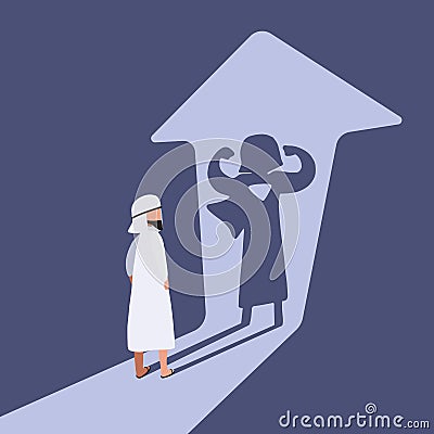 Business concept flat isolated of Arab businessman standing in front of his own muscular shadow showing his super inner strength Vector Illustration