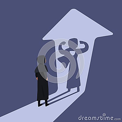 Business concept flat style Arabian businesswoman standing in front of her own muscular shadow showing her super inner strength or Vector Illustration