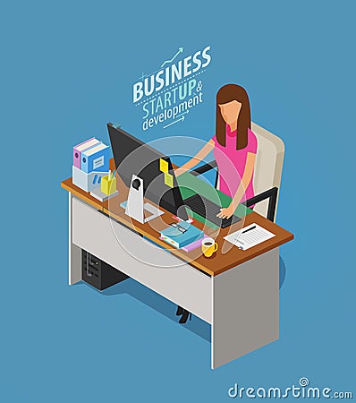 Business concept. Girl, woman sitting at desk with computer. Office worker, work, workplace icon. Flat vector Vector Illustration