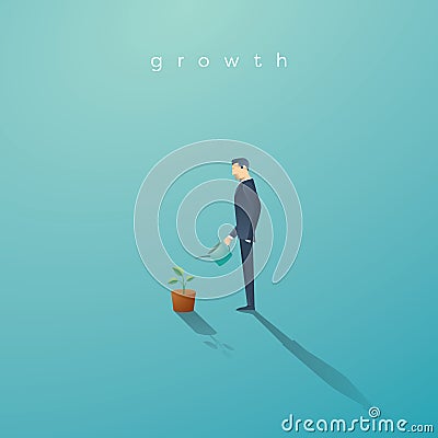 Business concept of growth. Businessman watering small green plant or tree. Symbol success, future. Vector Illustration