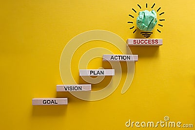Business concept growth success process. Wood blocks stacking as step stair on yellow background, copy space. Words `goal, vision Stock Photo