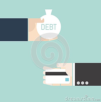 Business concept. Hand exchange debt and credit card. Vector Illustration