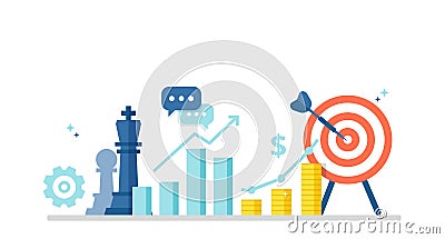Business concept with icons of chess pieces, schedule, profit and purpose. Marketing strategy banner in flat style. Vector illustr Cartoon Illustration