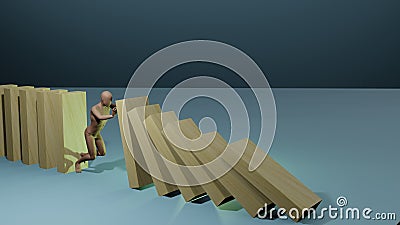 Cartoon character stopping collapsing dominos Stock Photo