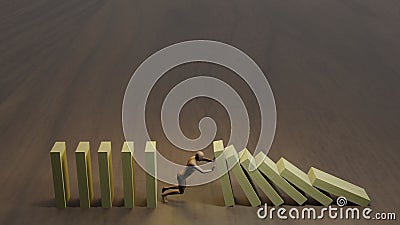 Cartoon character stopping falling dominos Stock Photo