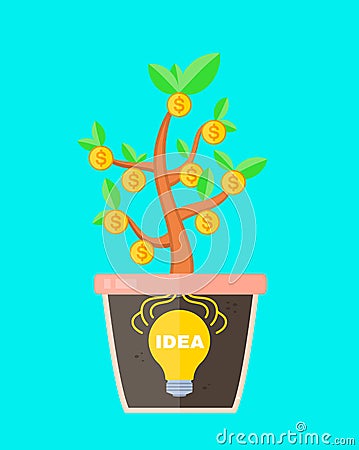 Business concept idea is profitable. lightbulb idea sign in a pot with money tree. Idea make money. Vector flat cartoon Vector Illustration
