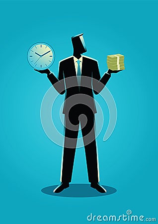 Businessman holding a clock and bank notes Cartoon Illustration
