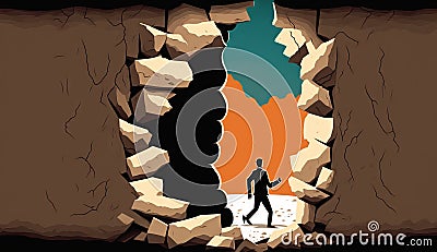 Business concept illustration of businessman insistently looking for way out by breaking the wall. Generative ai Cartoon Illustration