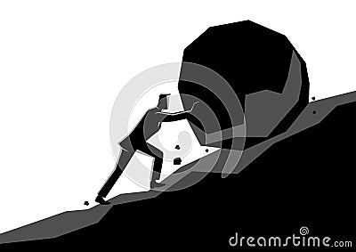 Businessman pushing large stone uphill Vector Illustration