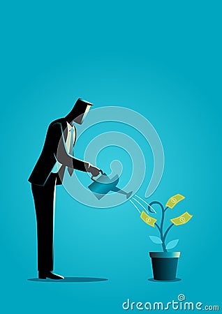 Businessman watering young plant with dollar leaves Vector Illustration