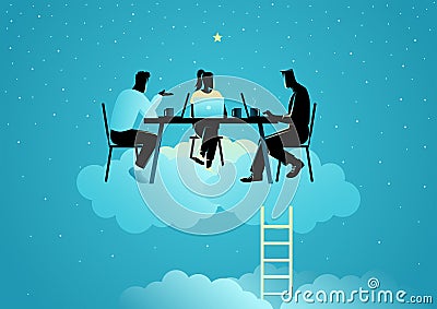 Business concept illustration of men and woman works comfortably on top of the clou Vector Illustration