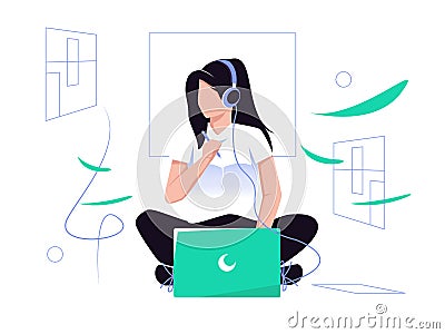 Business concept illustration. Woman sitting and working in front of laptop. listening to music. Trendy vector style Vector Illustration