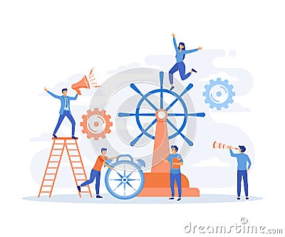 business concept, leadership qualities in a creative team, direction on a successful path, Vector Illustration