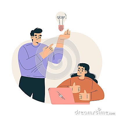 Business Concept with Man and Woman Character Find Solution and Idea with Lightbulb Vector Illustration Vector Illustration