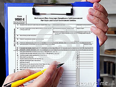 Business concept meaning Form 14581-E Retirement Plan Coverage Compliance Self-Assessment For State and Local Government Entities Editorial Stock Photo