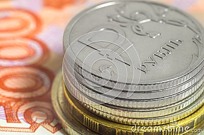 Business concept of rich, wealth, profit and finance. Background Russian rubles close-up. Stack of money coins Stock Photo