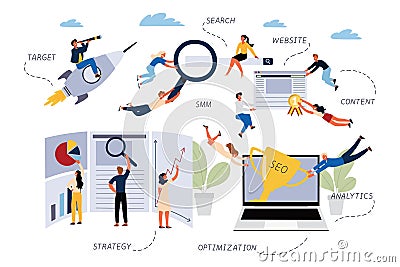 Business Concept of SEO, Search, Optimization, Target, Website, SMM, Content, Analytics, Strategy. Vector Illustration