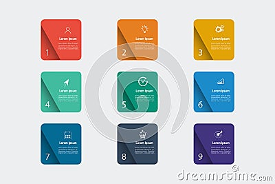 business concept, 9 steps, multicolor rectangle ,design for workflow layout, diagram, annual report, web design. vector Vector Illustration