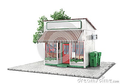 Business concept. Store with empty signboard isolated on a white. Cartoon Illustration