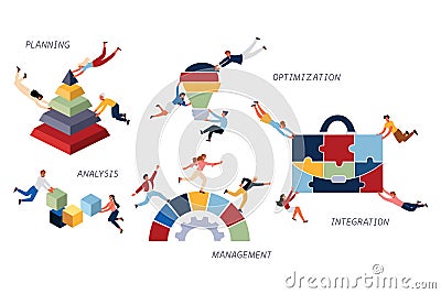 Business Concept of Business Strategy, Optimization, Integration, Analysis, Planing and Management. Vector Illustration