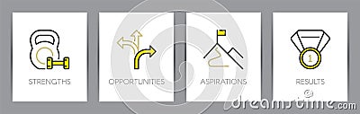 Business concept. Strengths, opportunities, aspirations, results. SOAR analysis. Metaphors with icons Vector Illustration