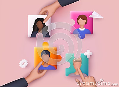 Business concept. Team metaphor. People connecting puzzle elements. 3D Vector Illustrations Vector Illustration