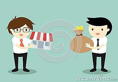 Business concept, Two businessmen exchange money and shop. Vector Illustration