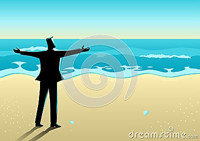 Businessman open his arms at the beach Vector Illustration