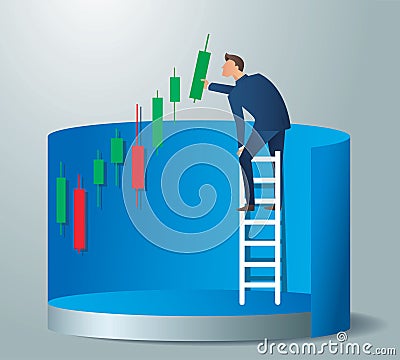 Business concept vector illustration of a man on ladder with candlestick chart background, concept of stock market Vector Illustration