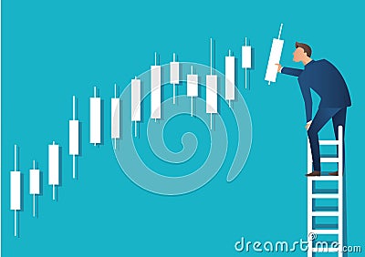 Business concept vector illustration of a man on ladder with candlestick chart background, concept of stock market Vector Illustration