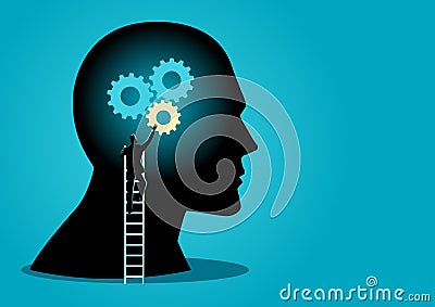 Man on ladder installing gears on human head Vector Illustration