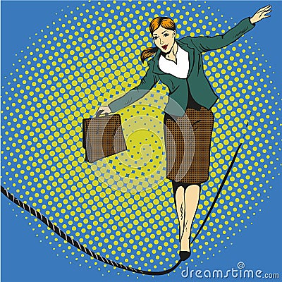 Business concept vector illustration in retro comic pop art style. Businesswoman walk on tight rope Vector Illustration