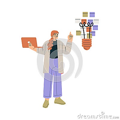 Business Concept with Woman Character Find Idea and Solution with Laptop and Lightbulb Vector Illustration Vector Illustration