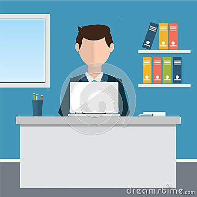 Business concept - woman sitting at the table and working on the computer in the office. Vector illustration, flat style Vector Illustration