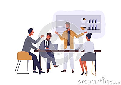 Business conference flat vector illustration. Boss and employees discussing project isolated cartoon characters on white Vector Illustration