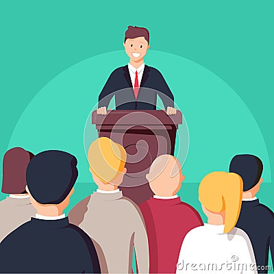 Business conference, business meeting. Man at rostrum in front of audience. Public speaker Cartoon Illustration