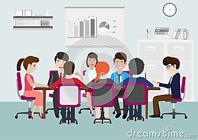 Business conference vector, man and woman on meeting discussing projects details and problems. Clipboard with charts and Vector Illustration