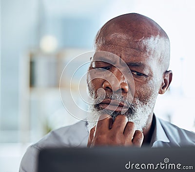 Business, confused and black man thinking, stress and deadline for project, information technology problem and glitch Stock Photo