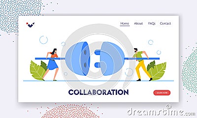 Business Connection, Collaboration Landing Page Template. Tiny Business Characters Connecting Huge Plug and Outlet Vector Illustration