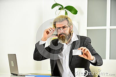 Business contact. Handsome man startup business. Business communication. Internet surfing. Modern technology. Sales Stock Photo