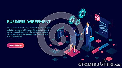 Vector of a business man and businesswoman shaking hands closing a deal Vector Illustration