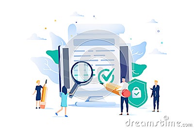 Business contract signing. Corporate document. Agreement checking. Data protection. Terms and conditions, privacy policy Vector Illustration