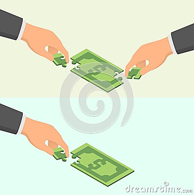 Business cooperation, investment and crowdfunding concept. Hands putting money bill together Vector Illustration