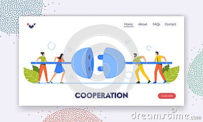 Business Cooperation Landing Page Template. Business People Connect Wires. Concept of Partnership and Teamwork Vector Illustration
