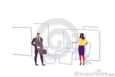 Business couple meeting discussing project businessman woman coworkers modern office interior colleagues working Vector Illustration